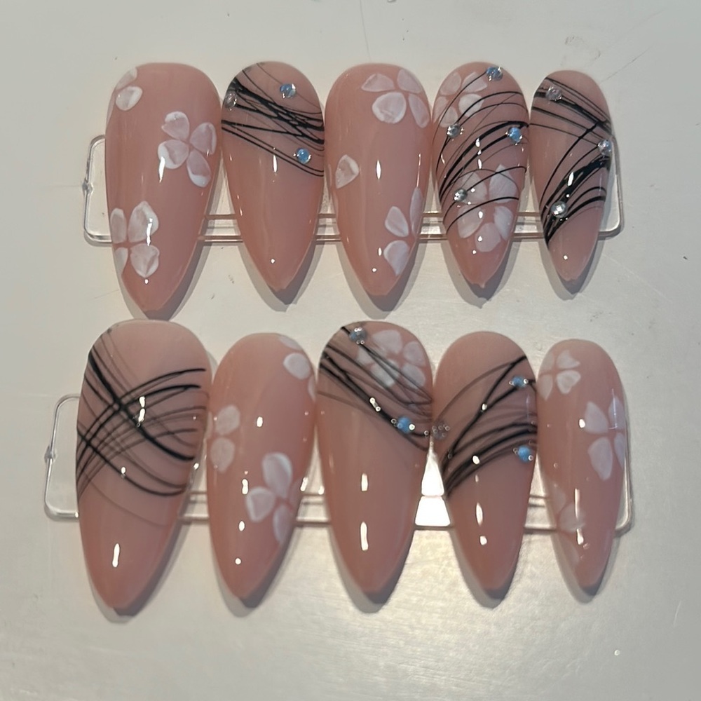 Hand Crafted Blush Pink Floral Press-On Nails with Black Line Accents